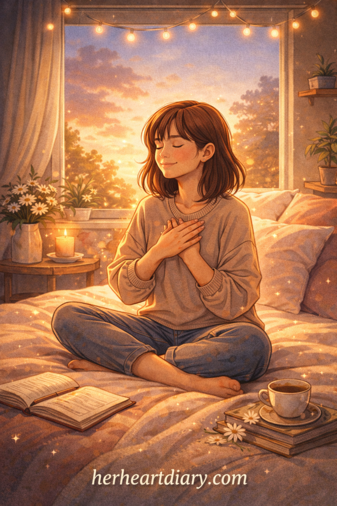Peaceful illustration of a girl sitting calmly in a cozy room, symbolizing inner peace after setting boundaries with family