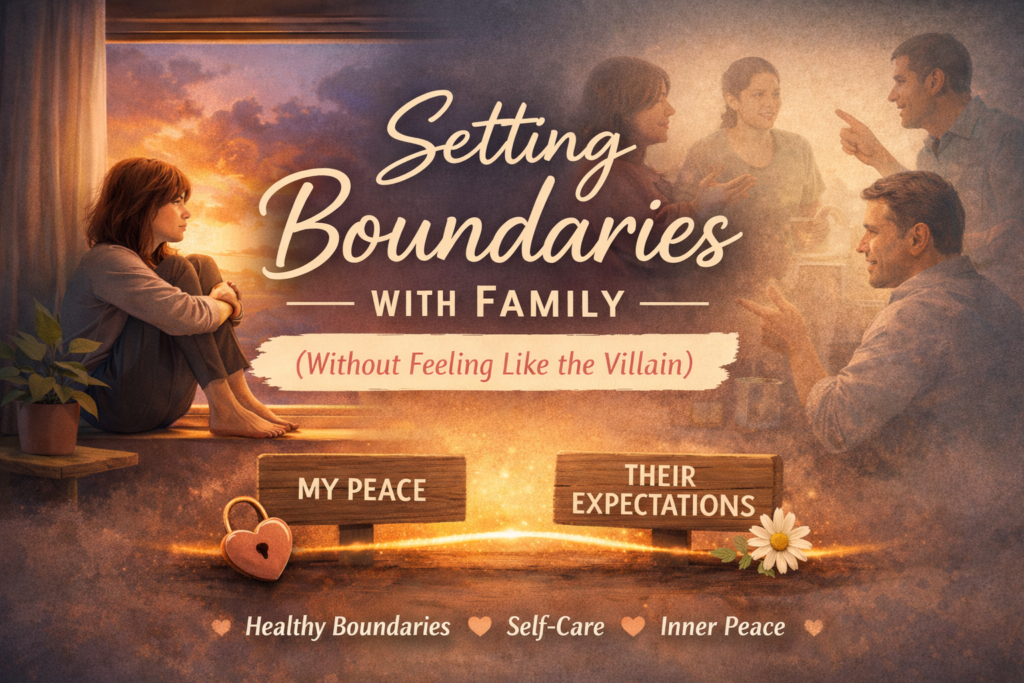 Doodle-style illustration showing a girl setting boundaries between her peace and family expectations