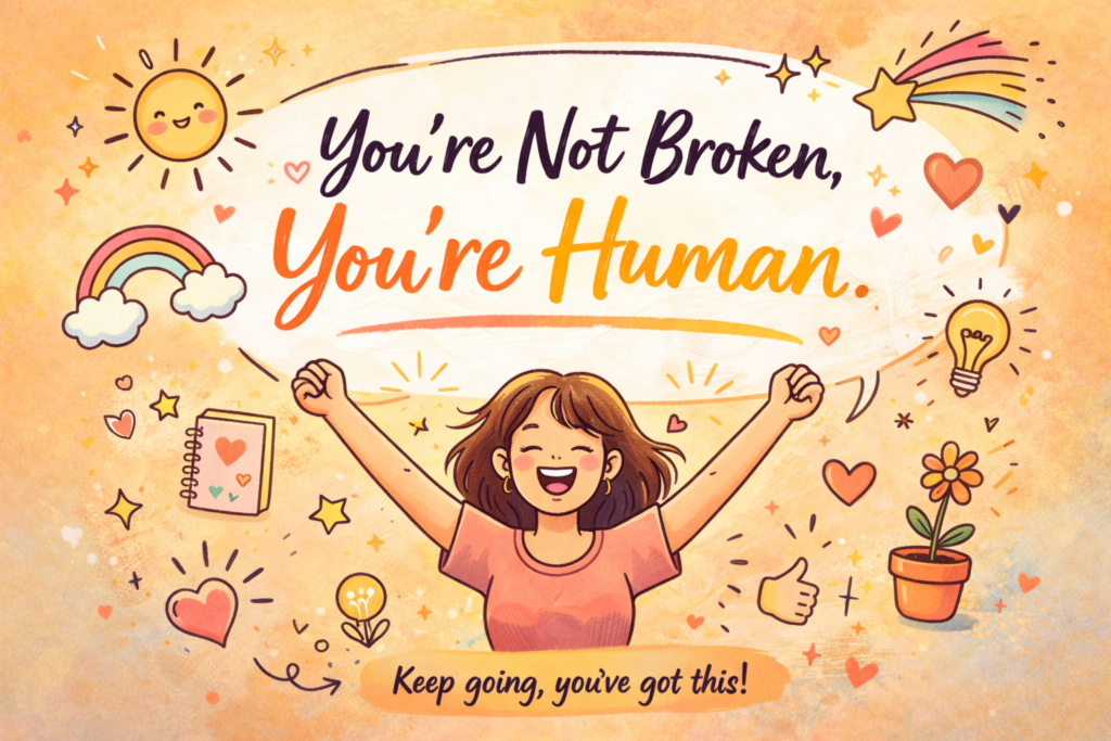 doodle image representing feeling not good enough and self worth healing message you are human