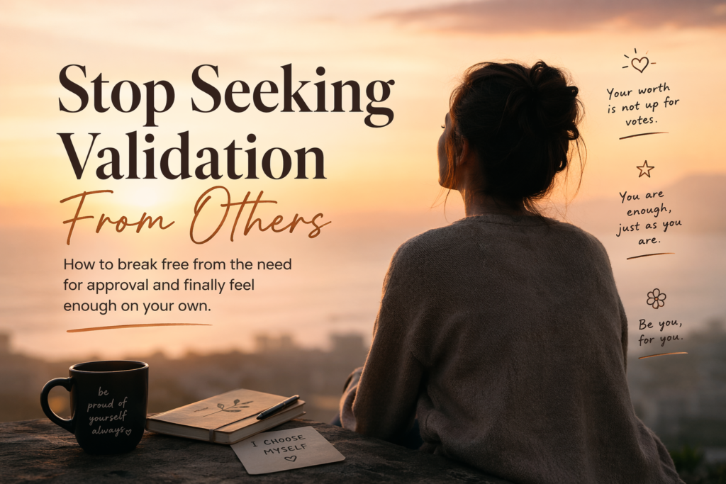 motivational aesthetic setup with coffee mug and quote about how to stop seeking validation from others