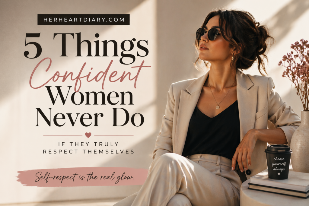 5 things confident women never do blog featured image with elegant woman and motivational text