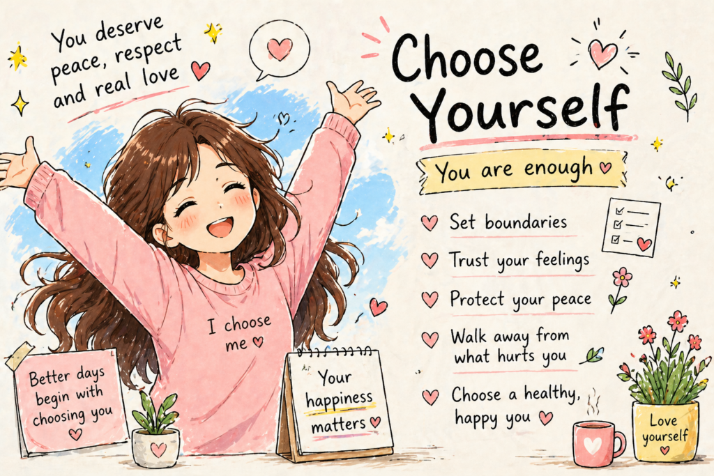 happy anime girl choosing herself after emotional manipulation in relationships