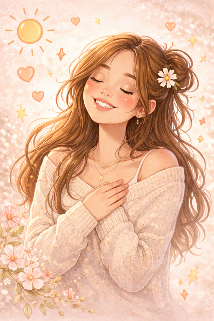 happy doodle girl smiling with hand on heart self love choosing yourself and inner peace concept