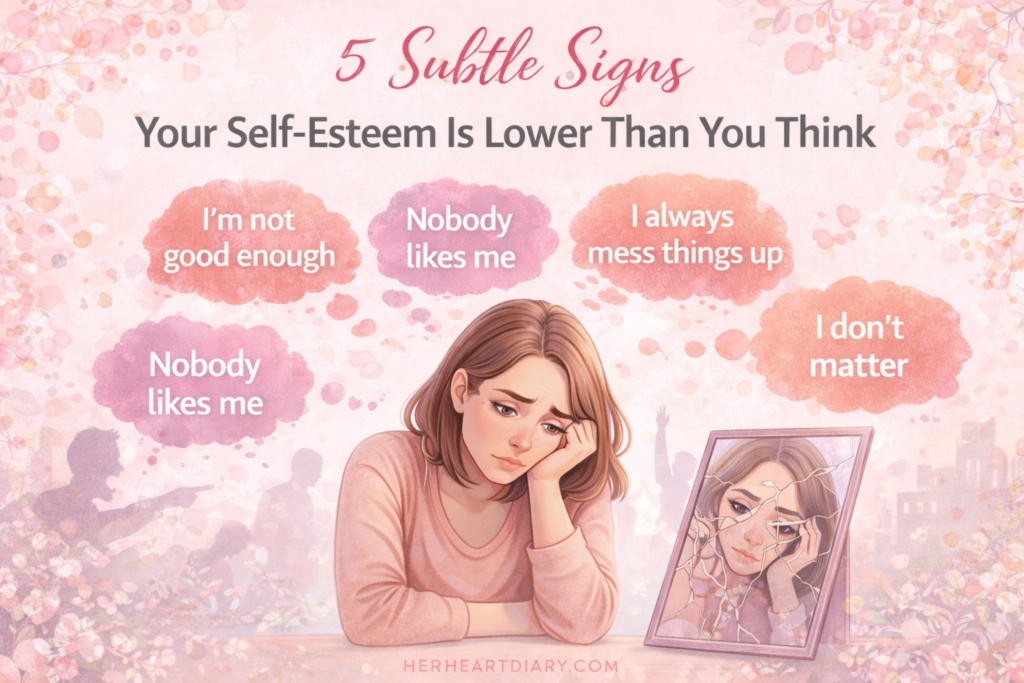 A soft feminine aesthetic illustration showing a girl feeling low with negative thoughts, representing subtle signs of low self-esteem