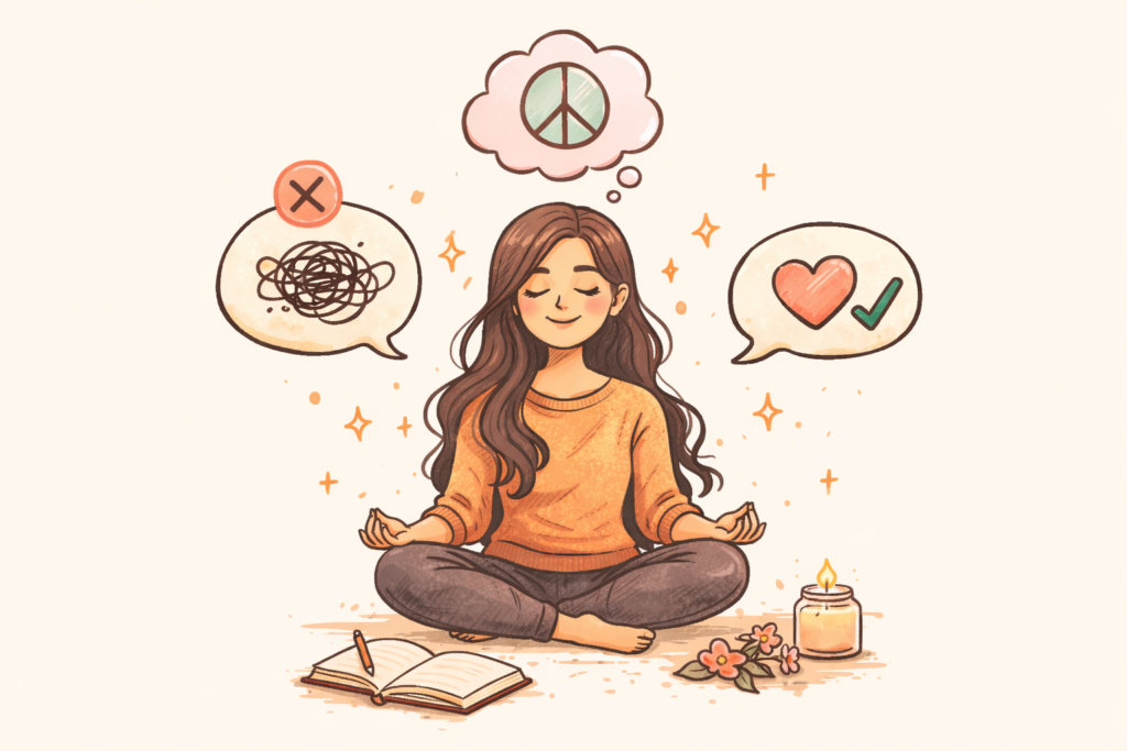 doodle illustration of a woman finding peace after she stops explaining herself