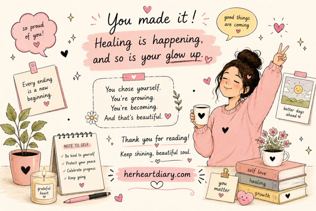 Happy doodle aesthetic illustration about how to heal without losing yourself after being cheated on, featuring a peaceful girl surrounded by soft pastel self-love doodles.