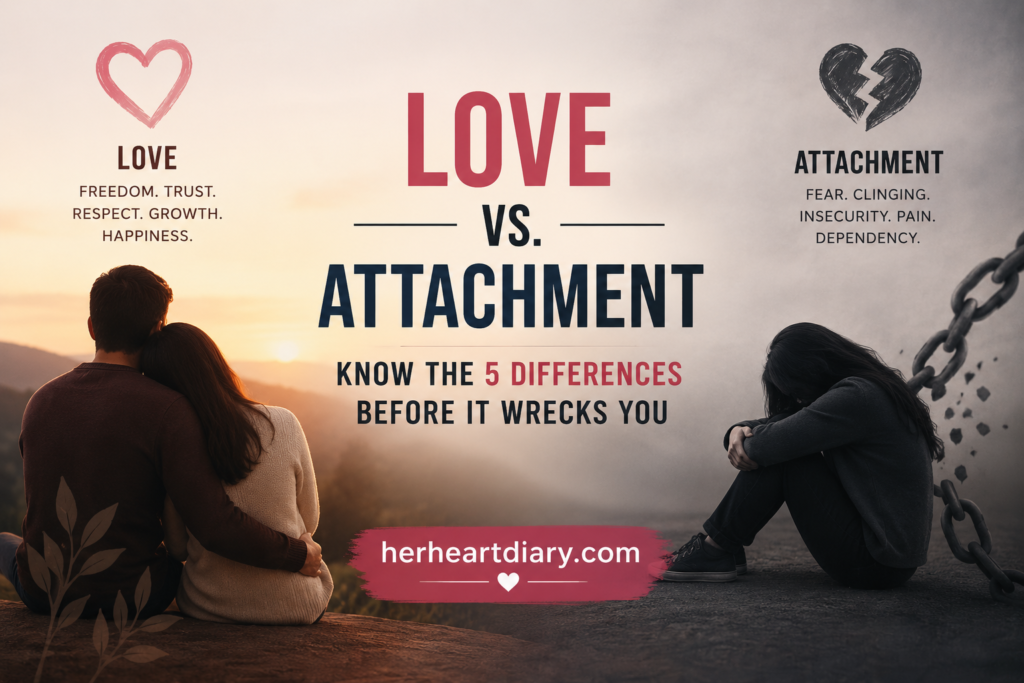 Aesthetic split image with cozy objects, sunrise lighting, broken heart symbolism, and the text “Love vs. Attachment.”