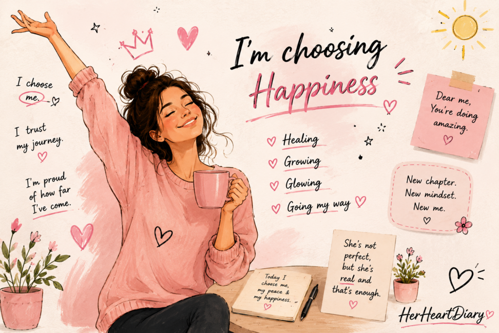 Happy doodle-style woman smiling confidently while embracing self-love, healing, and a new beginning.