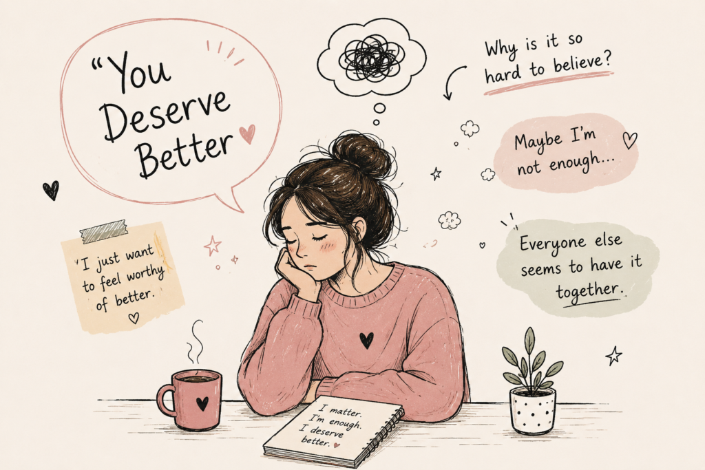 Woman emotionally reflecting on why “you deserve better” feels hard to believe after heartbreak