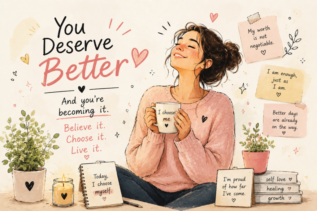 Happy doodle girl finally believing she deserves better and choosing self-love